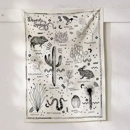 Botanical floral wall hanging featuring illustrated black and white desert species like cacti and saguaro for decorbites decor