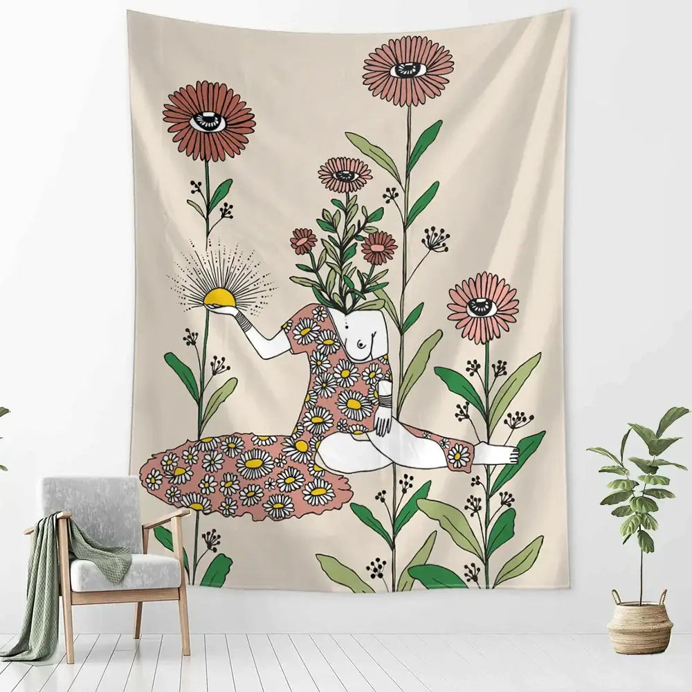 Beige wall tapestry decorbites botanical girl tarot featuring a floral dress figure with oversized pink green flowers and eyes