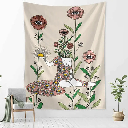 Beige wall tapestry decorbites botanical girl tarot featuring a floral dress figure with oversized pink green flowers and eyes