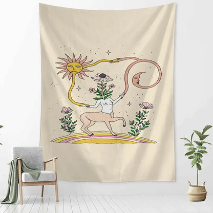 Beige wall tapestry decorbites botanical girl tarot featuring whimsical floral hair figure holding sun and moon in pink yellow tones