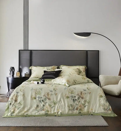 Elegant sage green quilt set with decorbites eucalyptus fiber flowers and peach blossoms in soft satin fabric