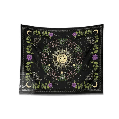 Black floral tapestry featuring a golden sun and moon with faces surrounded by purple flowers and constellations decorbites botanical moon phase