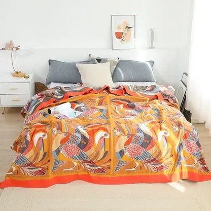 Vibrant orange and red bird-patterned decorbites cotton leisure blanket in botanical off-white for bedroom use