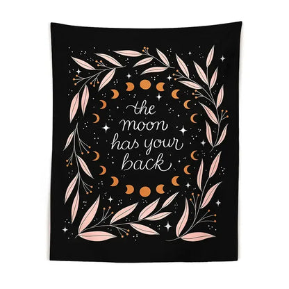 Black botanical olive leaf moon phase tapestry with pink leaves orange moon phases and white starry text decorbites botanical olive
