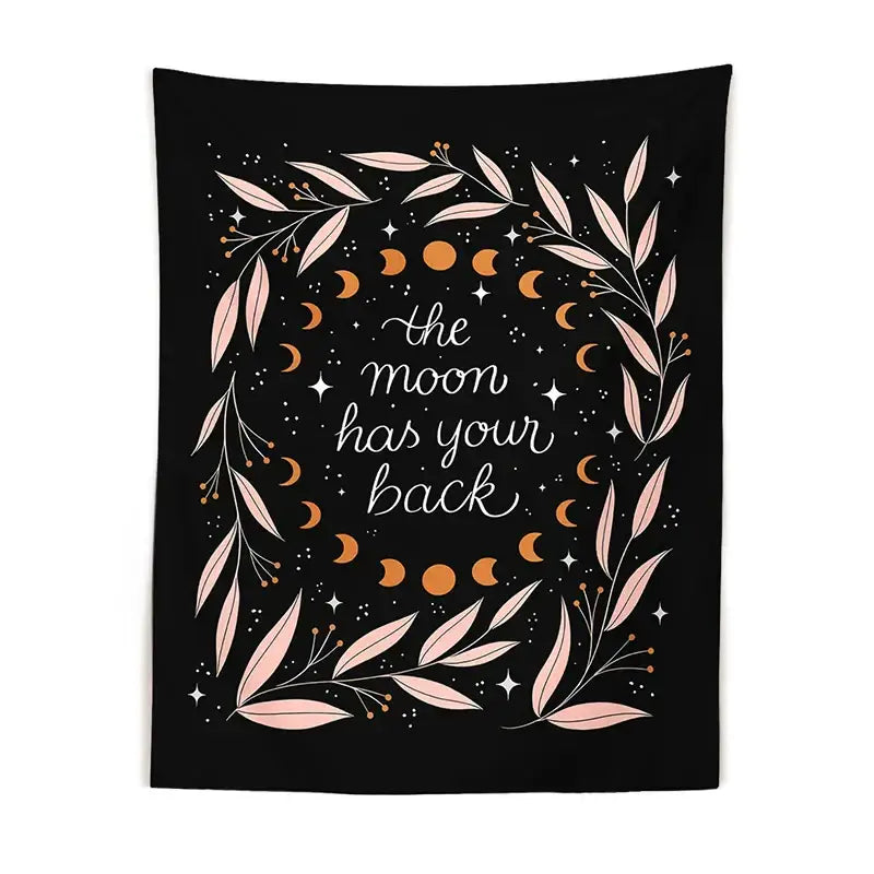 Black wall tapestry with botanical olive leaf moon design in pink leaves and orange moon phases for bedroom decorbites botanical olive decor