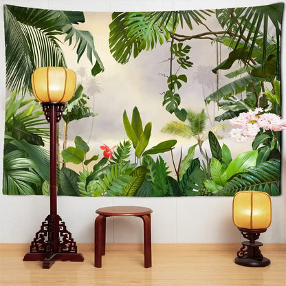 Botanical palm leaf green tropical wall tapestry featuring botanical palm decorbites design for living room decor