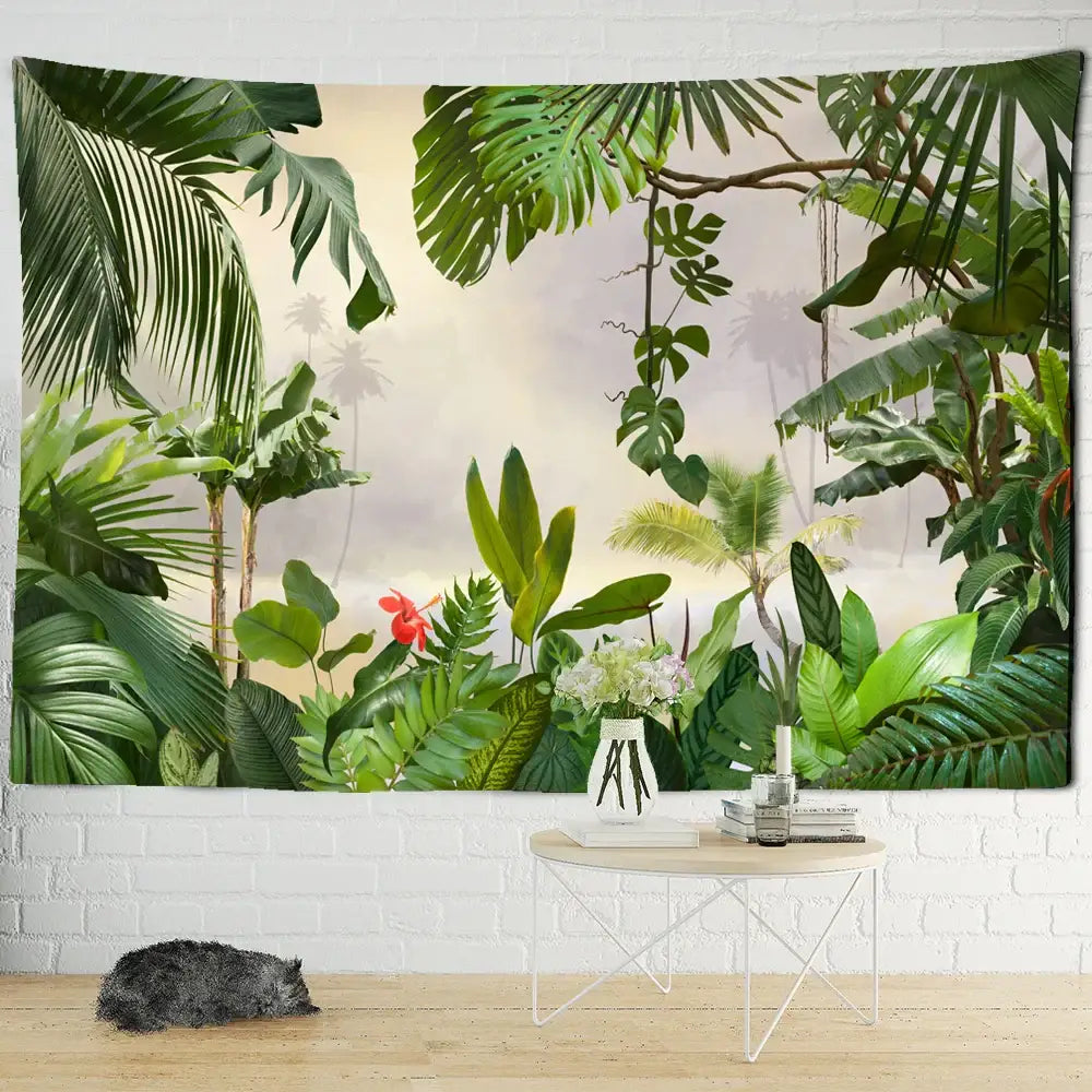 Lush tropical jungle wall tapestry with vibrant green botanical palm leaf and single red flower on beige sky backdrop