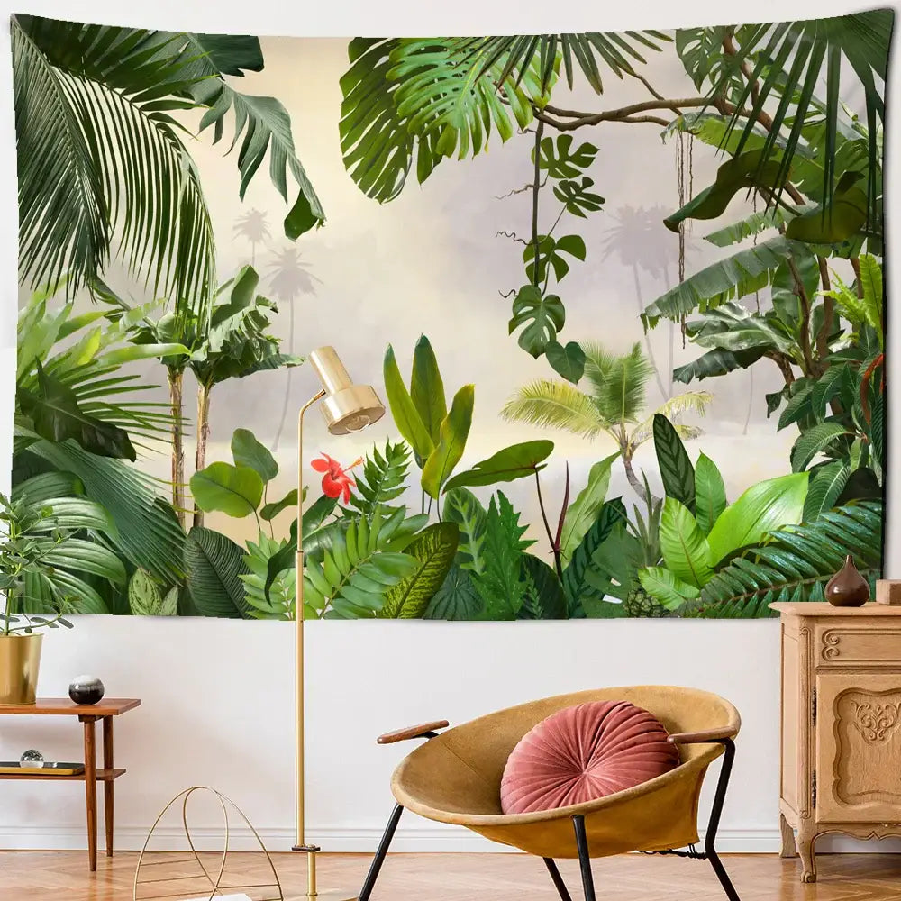 Botanical palm leaf green tapestry featuring vibrant tropical leaves and a single red flower for living room decorbites decor