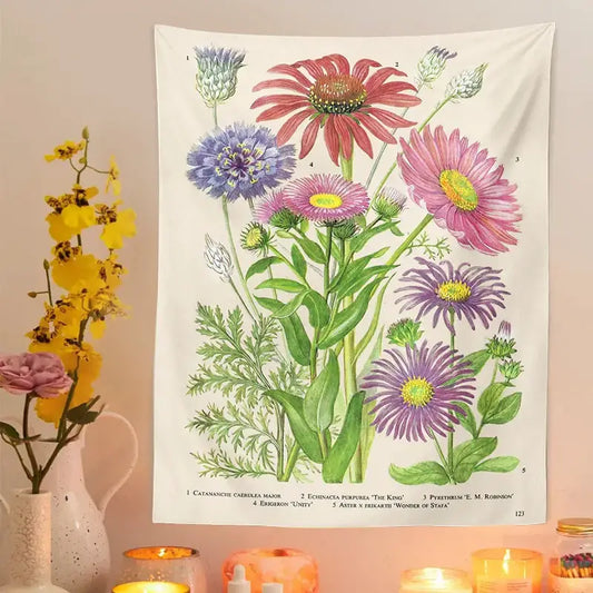 Botanical wildflower vintage tapestry featuring vibrant pink purple yellow flowers on cream background for bedroom decorbites decor