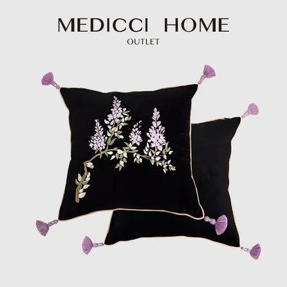 Black velvet cushion cover with botanical wisteria embroidered lavender blossoms and purple tassels by decorbites