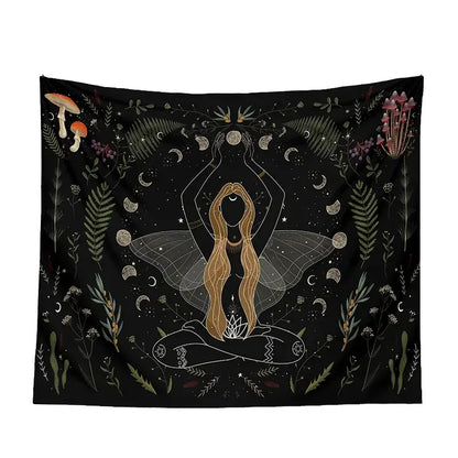 Botanical witchy tapestry featuring a black background with golden hair figure, moon phases, mushrooms, and fern accents for bedroom decor