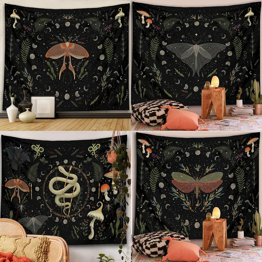 Black botanical witchy tapestry featuring rust and cream moths mushrooms and ferns for bedroom wall decor