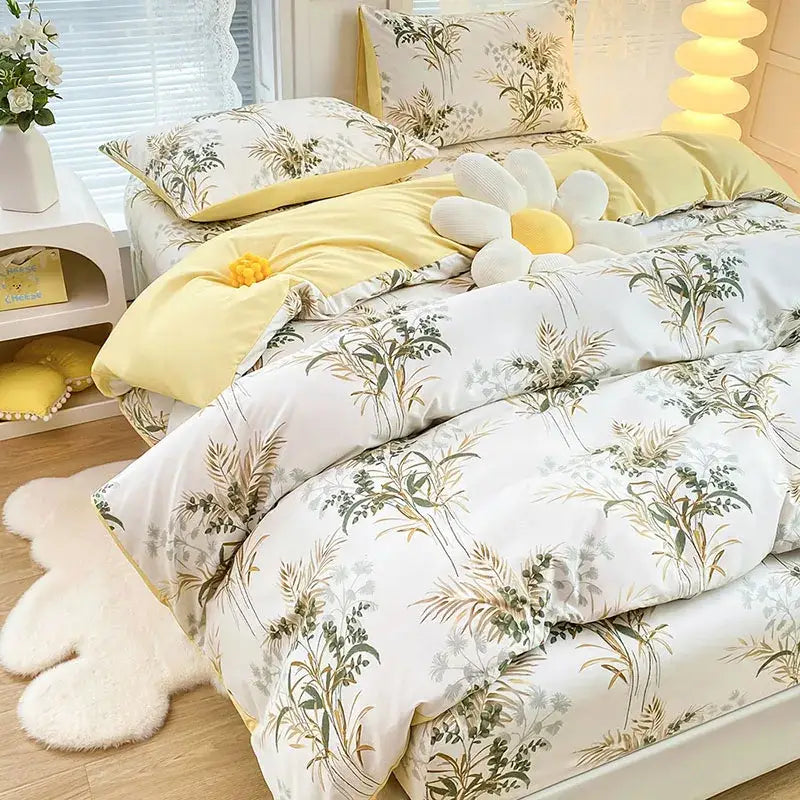 Yellow and white floral duvet cover set with green and gold botanical prints for bedroom bedding