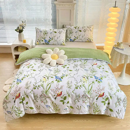 White duvet cover set with delicate green leaves blue flowers and red birds on soft cotton for bedroom bedding