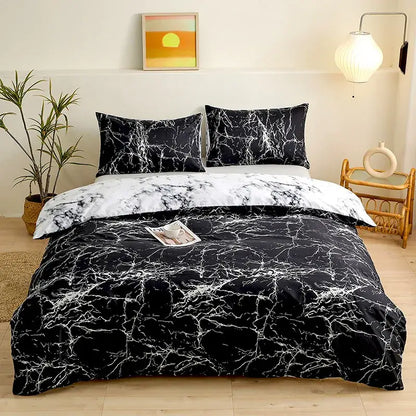 Black and white marble patterned duvet cover set with sleek modern design for botanical yellow and white floral bedding