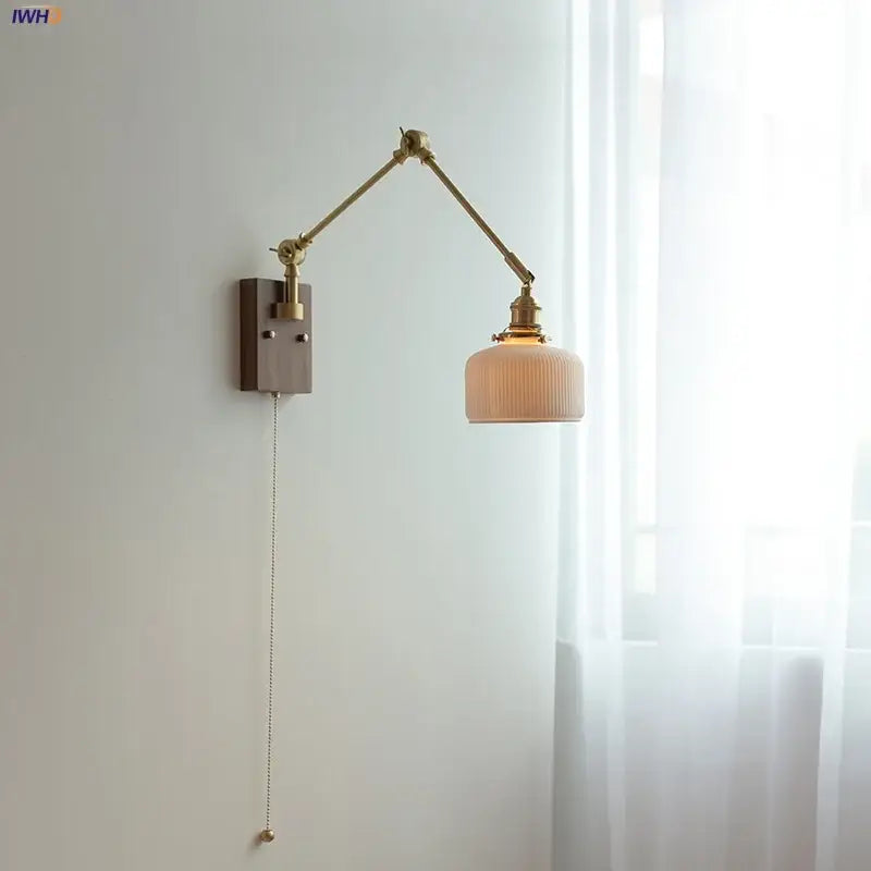 Brass and ribbed glass ceramic led wall light with adjustable brass finish and pull-chain switch for bedroom sconce decorbites ceramic led