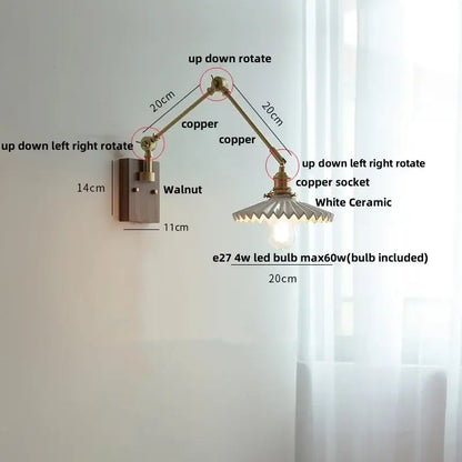 Adjustable copper-arm wall light with white ceramic shade from decorbites ceramic led collection for bedroom sconce decor