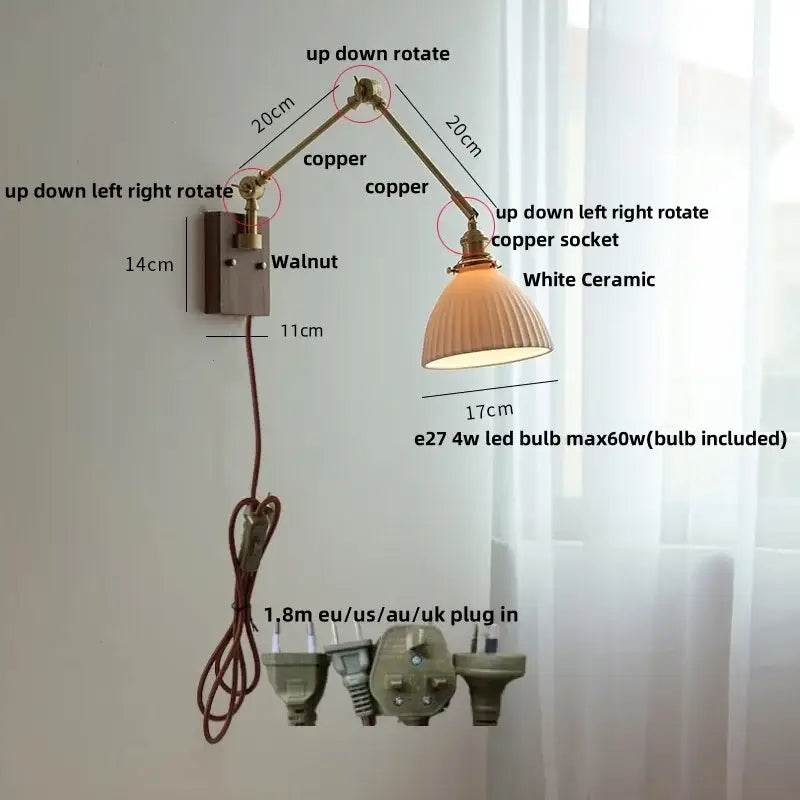 Adjustable copper wall light with white ceramic lampshade for bedroom decorbites ceramic led wall illumination