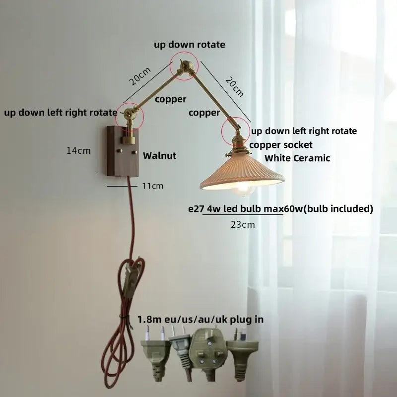 Adjustable copper wall light with white ceramic shade for decorbites ceramic led bedroom sconce lighting solution