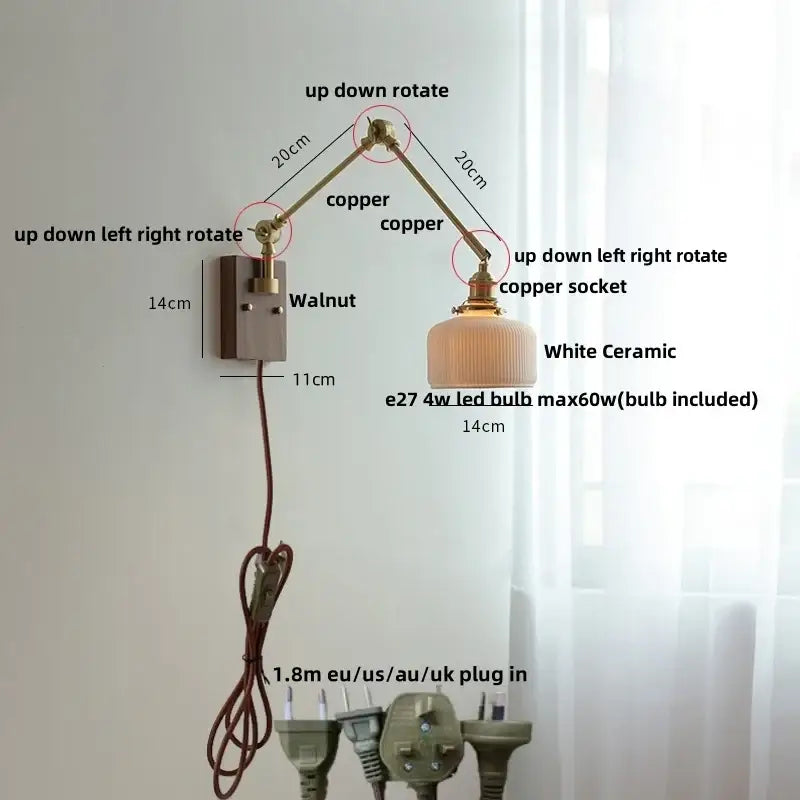 Adjustable copper wall light with white ceramic shade and 4w led bulb for bedroom decorbites ceramic led wall use