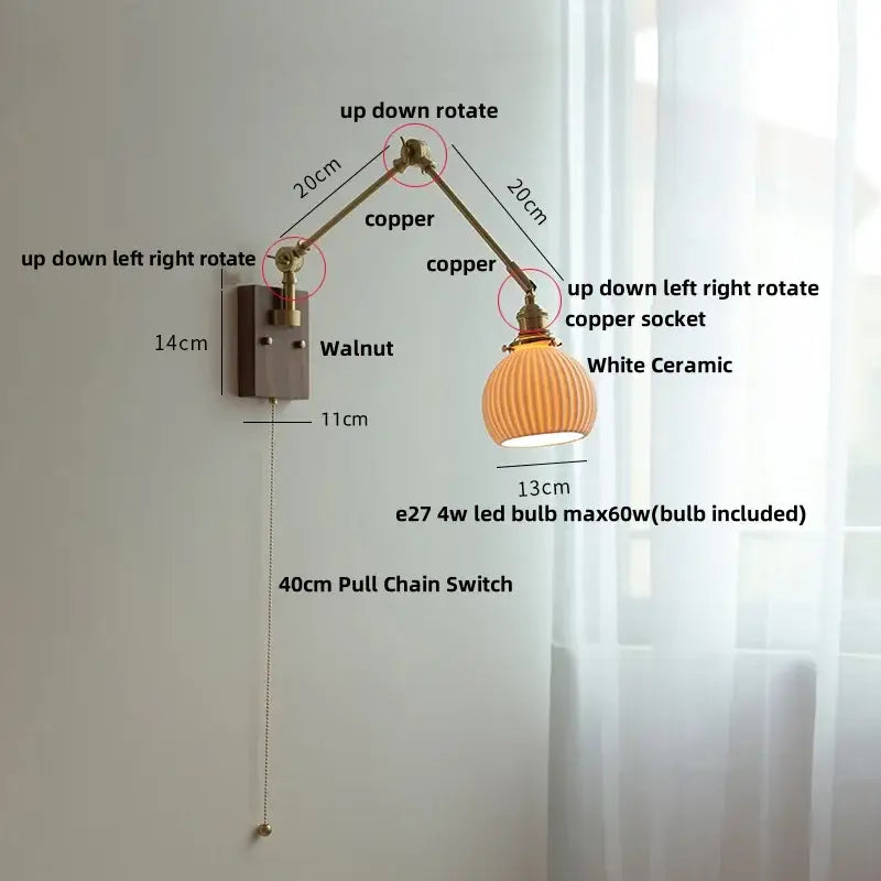 Adjustable copper wall light with white ceramic lampshade featuring decorbites ceramic led for bedroom sconce use