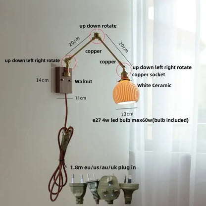 Adjustable copper wall light with white ceramic led shade and ribbed glass for bedroom decorbites ceramic led wall use