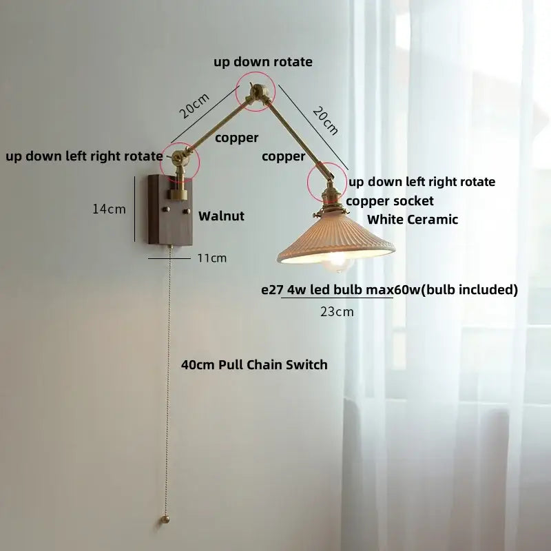 Copper adjustable wall light with white ceramic led lampshade and walnut mount for decorbites ceramic led wall use