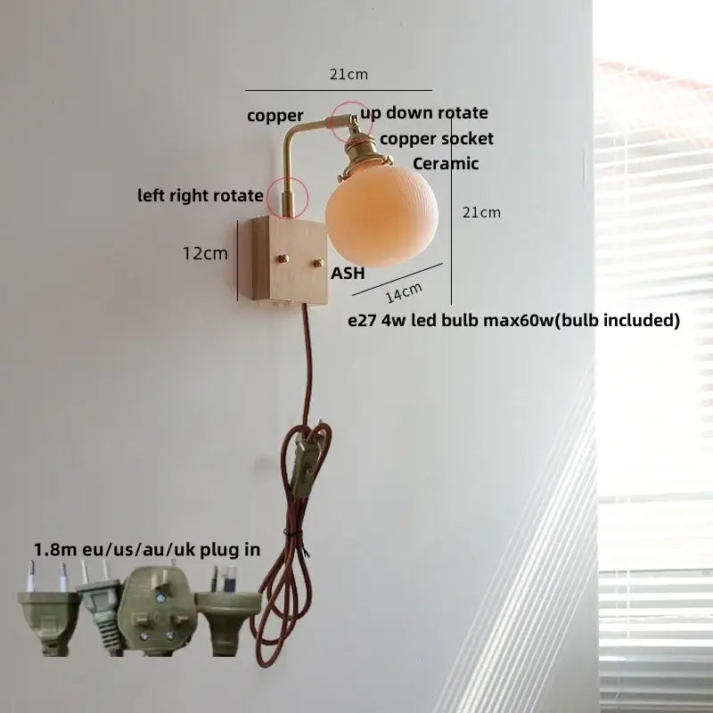Brass and walnut ceramic led wall light with copper finish adjustable arm and ceramic globe shade for bedroom sconce decorbites ceramic led