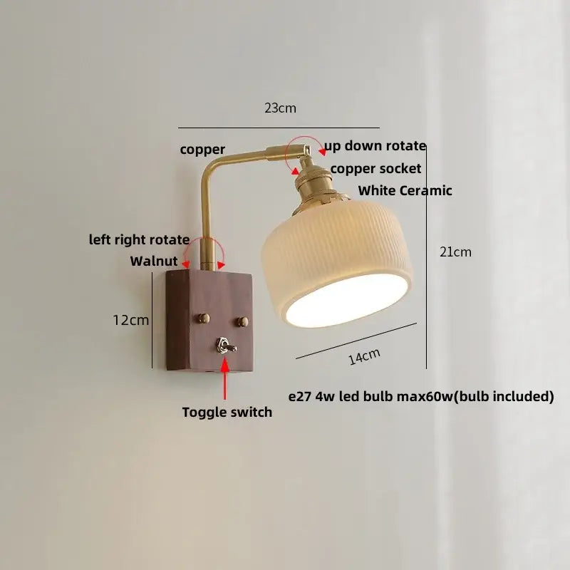 Copper-finished adjustable brass and walnut ceramic led wall light with white ceramic shade for bedroom decorbites ceramic led wall