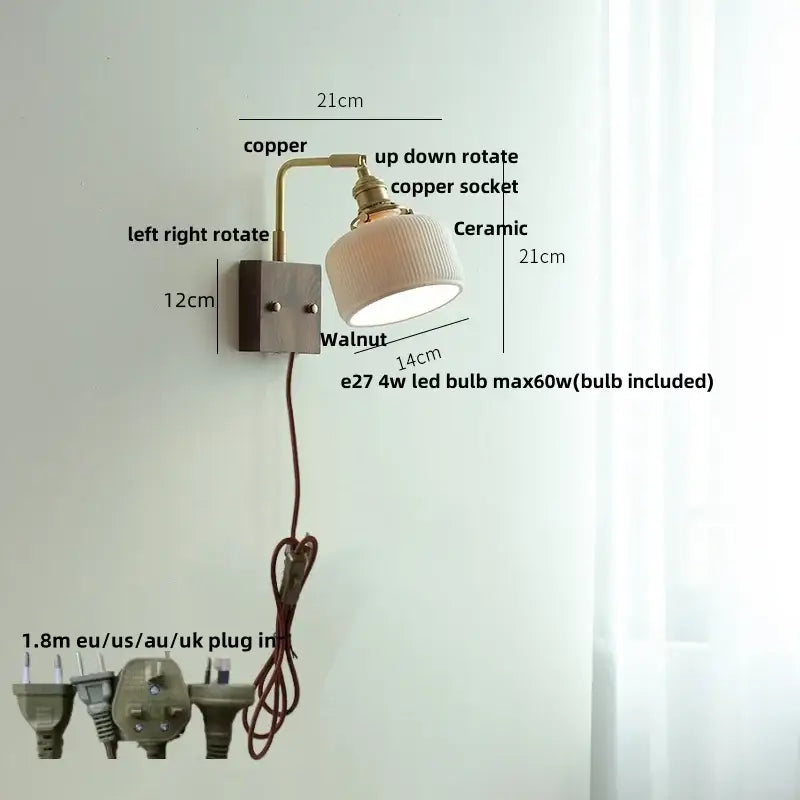 Brass and walnut ceramic led wall light with copper and walnut ribbed ceramic shade for bedroom decorbites ceramic led wall
