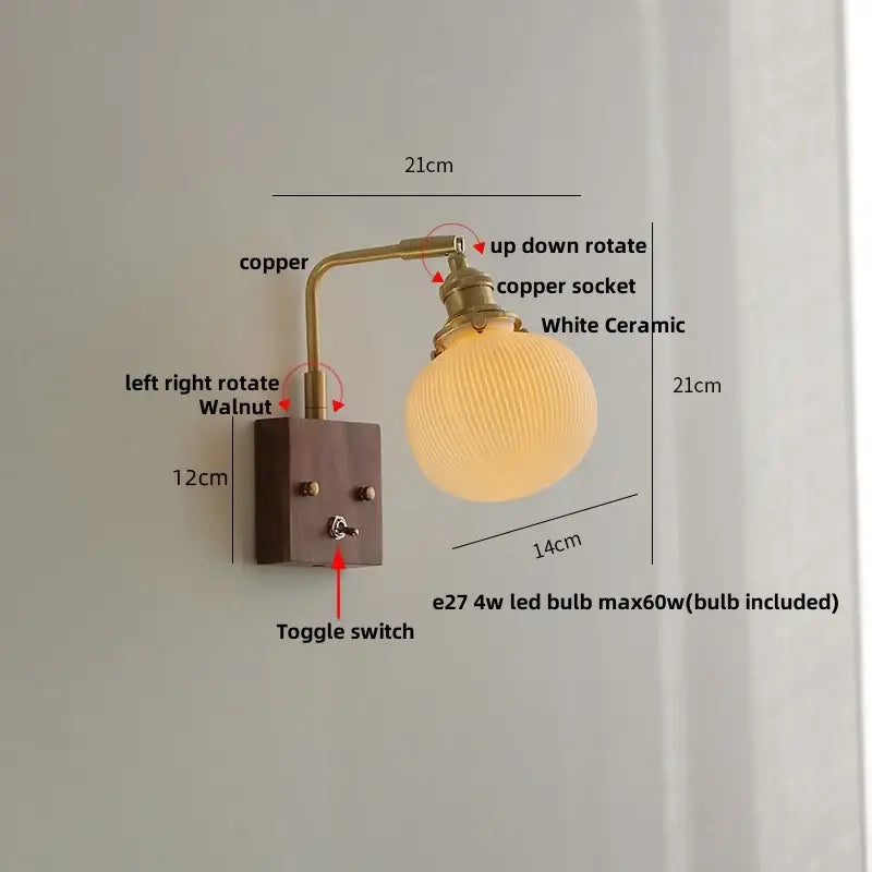 Brass and walnut ceramic led wall light with a white ceramic globe shade and toggle switch for bedroom decorbites ceramic led
