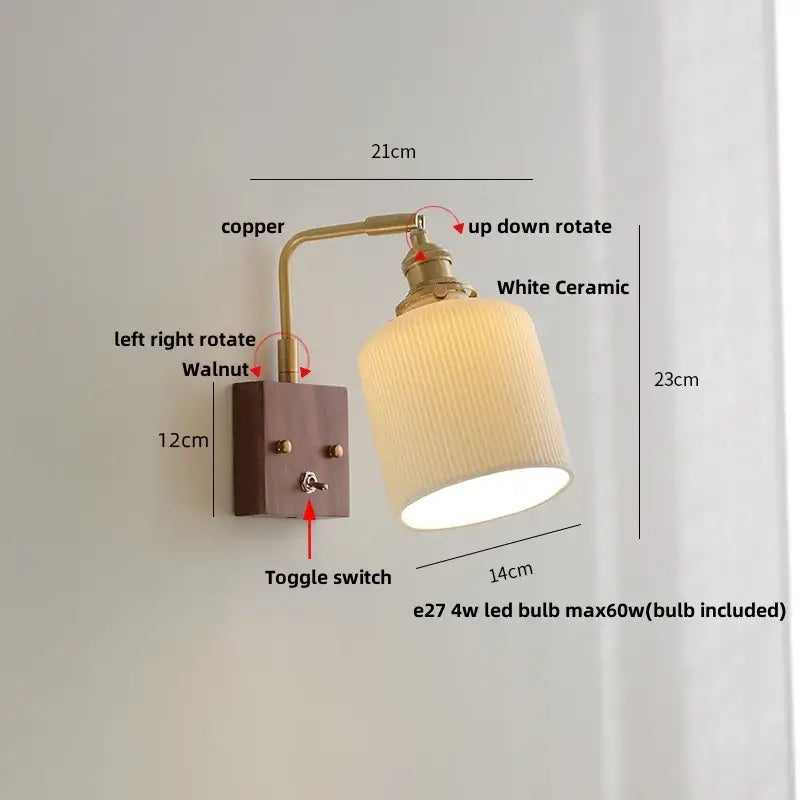 A vintage-style brass and walnut ceramic led wall light with copper arm and white ceramic lampshade for bedroom decorbites ceramic led wall