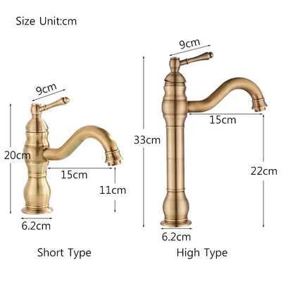 Antique brass-finished brass bathroom basin mixer faucet with classic ornate design and a curved spout