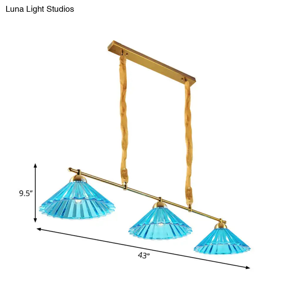 Decorbites™ blue ribbed glass cone pendant light with gold metal frame and rope suspension for dining room lighting
