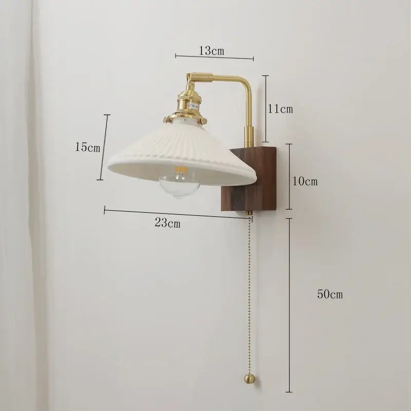Brass ceramic ball led wall light with white ceramic shade, brass arm, wooden base for living room wall light