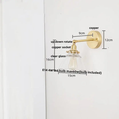 Brass finish copper wall lights with clear glass shade and e14 bulb for bedroom reading lamp by decorbites clear glass