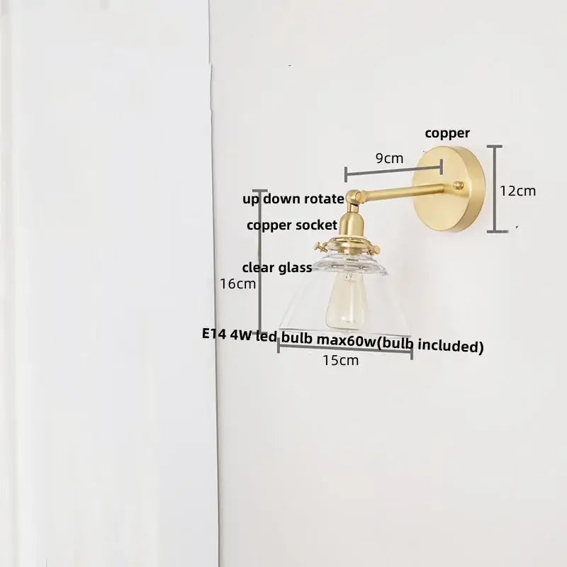 Brass finish copper wall lights with clear glass shade and e14 bulb for bedroom reading lamp by decorbites clear glass