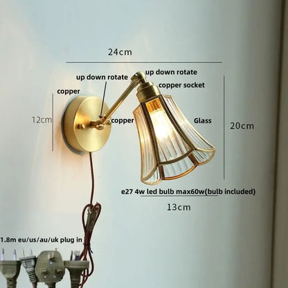 Brass-finished adjustable wall light with clear glass fluted shade copper socket and pull chain for bedroom reading decorbites clear glass