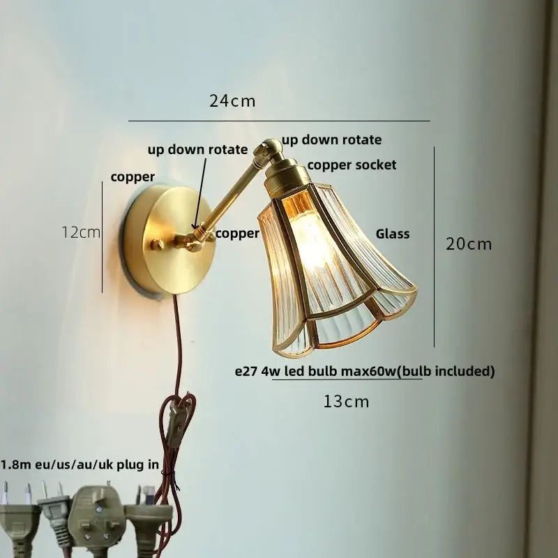 Brass-finished adjustable wall light with clear glass fluted shade copper socket and pull chain for bedroom reading decorbites clear glass