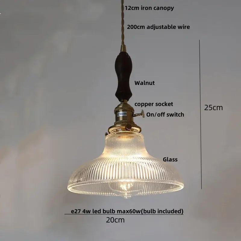 Vintage-style pendant lights with brass fittings ribbed clear glass led shade and dark walnut wooden handle by decorbites