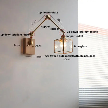 Adjustable brass decorbites ash wood wall sconce with blue glass cube shade and ash wood led for bedroom lighting