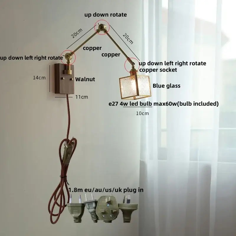 Adjustable copper wall sconce with blue glass shade and walnut-finished ash wood led decorbites mounting plate