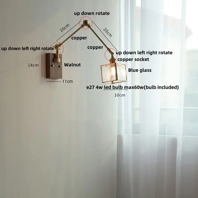 Adjustable brass decorbites ash wood wall sconce with blue glass shade and walnut-finished mounting plate for bedroom lighting