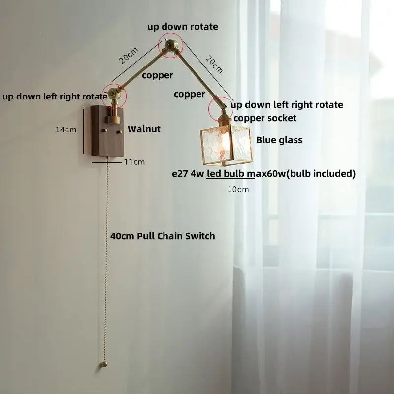 Adjustable copper wall sconce with blue glass shade and walnut-finished decorbites ash wood mounting plate for bedroom lighting