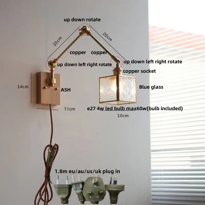 Adjustable copper wall sconce with blue glass shade featuring decorbites ash wood for bedroom led lighting