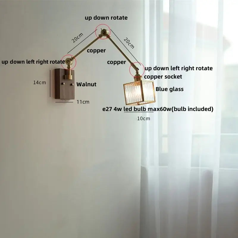 Adjustable copper-arm blue glass wall sconce with decorbites ash wood walnut base for bedroom led lighting