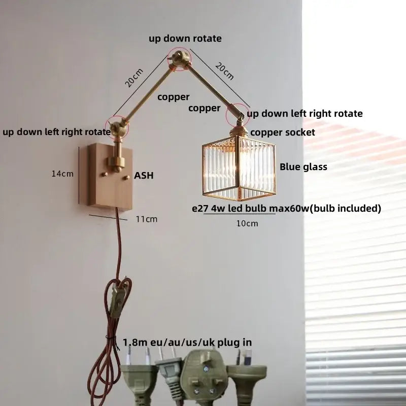 Adjustable copper wall sconce with blue glass cube shade for bedroom featuring decorbites ash wood led accents