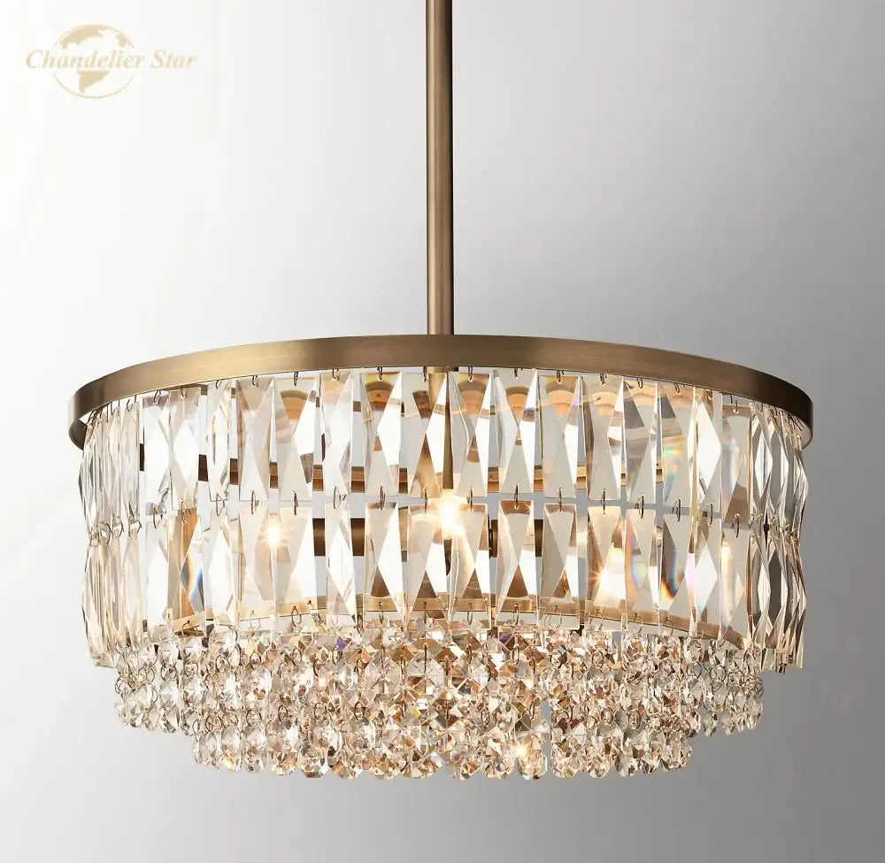 Brass decorbites crystal round pendant chandelier with cascading clear crystal prisms for dining room use