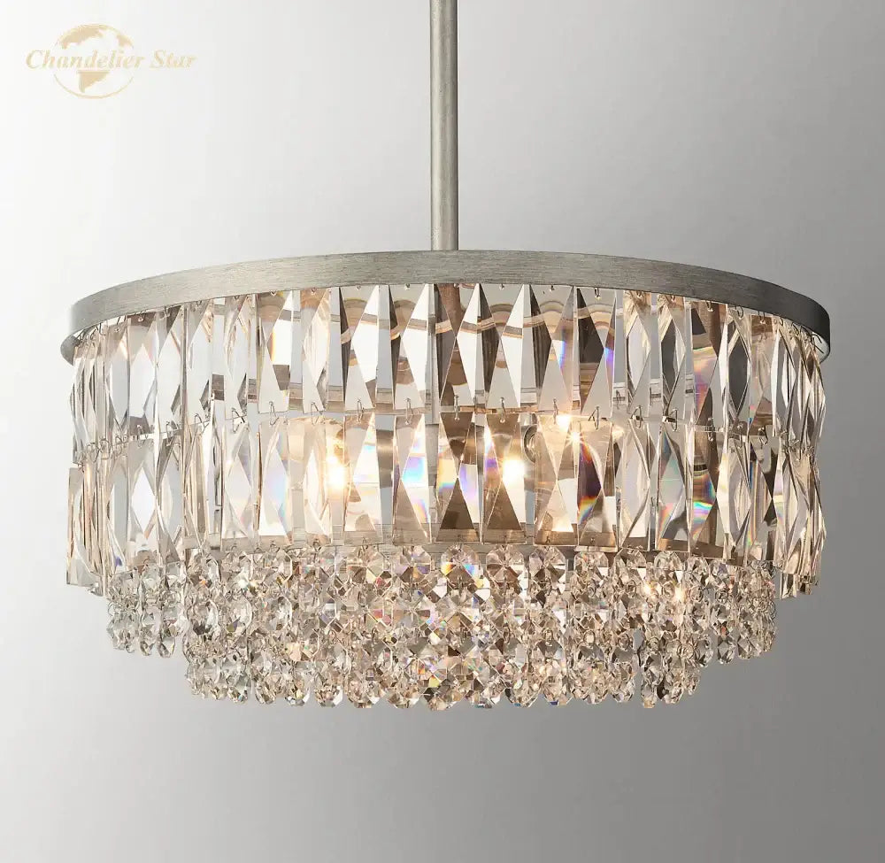 Silver-finished brass decorbites crystal round pendant chandelier with cascading faceted and teardrop crystals for dining room