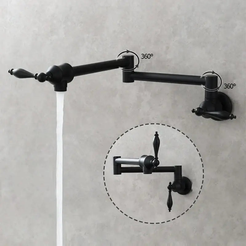 Black matte brass double joint telescopic kitchen faucet with ornate handles and 360-degree swivel for decorbites brass double